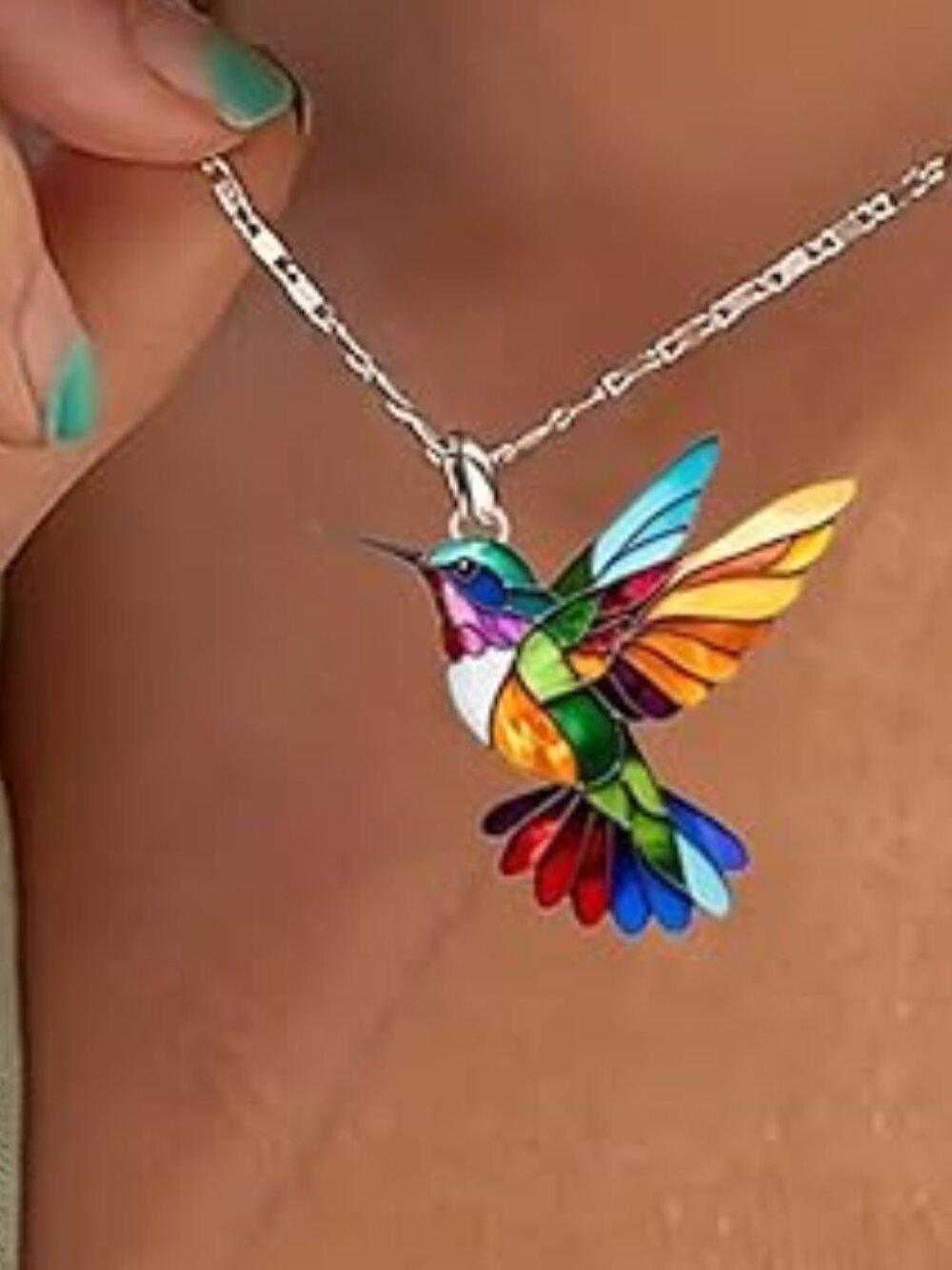 Hummingbird Necklace on Silver Chain So Colorful Acrylic Hypoallergenic